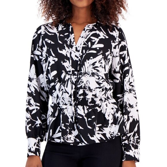 Alfani Petite XL White & Black Printed Smocked Blouson Long-Sleeve Top NWT - Picture 1 of 6